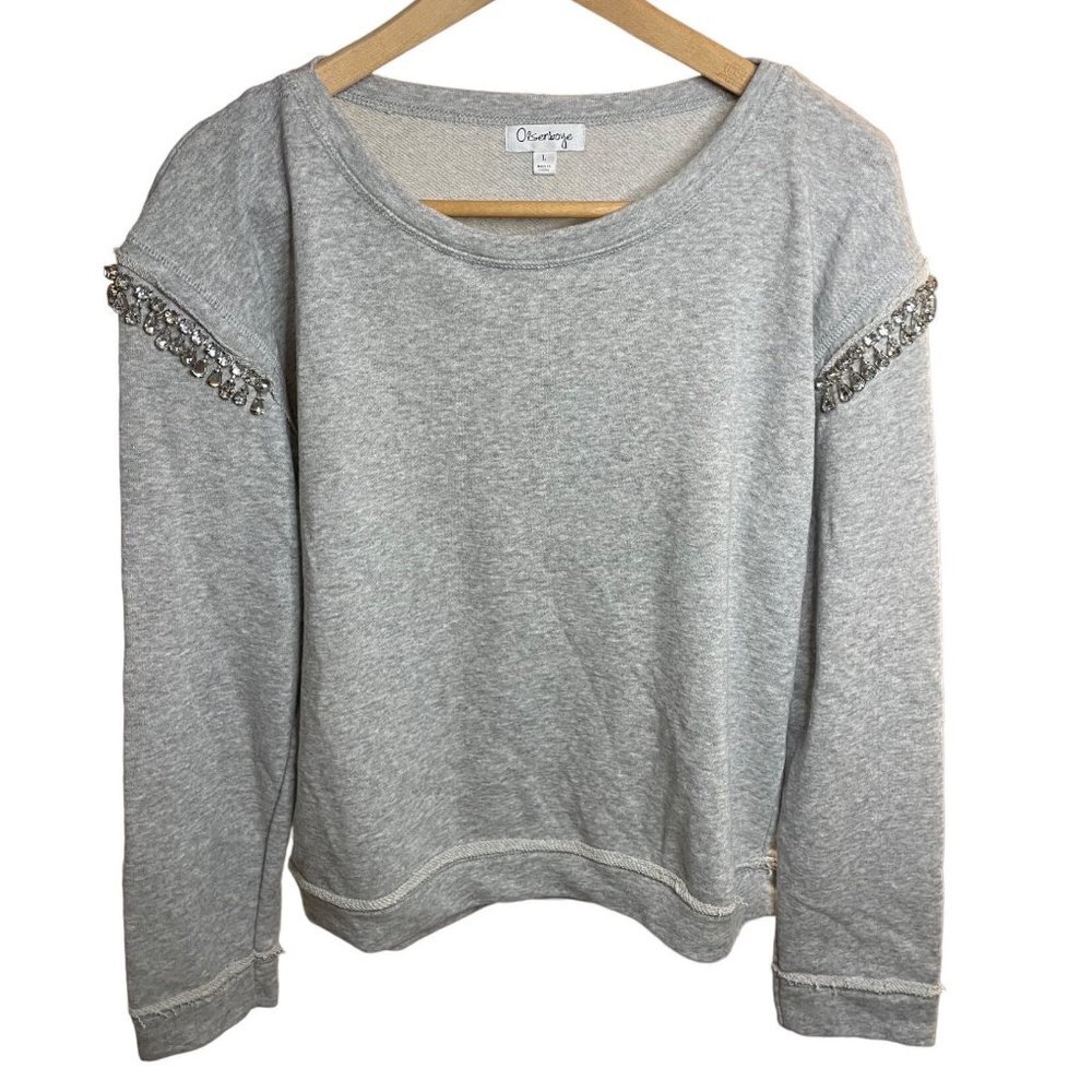 Olsenboye Gray Rhinestone Detail Crew Neck Sweatshirt Top Sz L